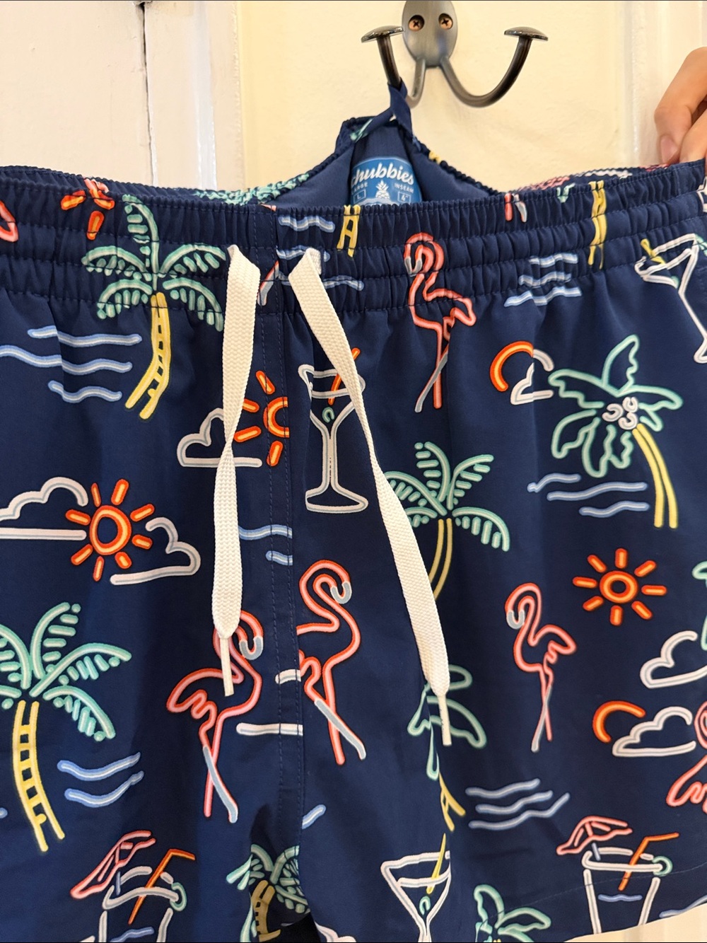 chubbies Navy Swim Trunks with Neon Flamingo & Tropical Motifs